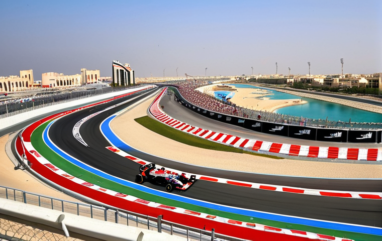 **
A vibrant photograph showcasing the Bahrain International Circuit during the Formula 1 Grand Prix. The stands are packed with cheering fans from around the world, with the sleek, modern race cars speeding down the track. In the background, the iconic Bahrain skyline can be seen, subtly blending the image of tourism and the country's modern infrastructure. The overall feel should be energetic and exciting, highlighting Bahrain's success in attracting international events and boosting tourism. Focus on dynamic movement and bright, eye-catching colors.
**