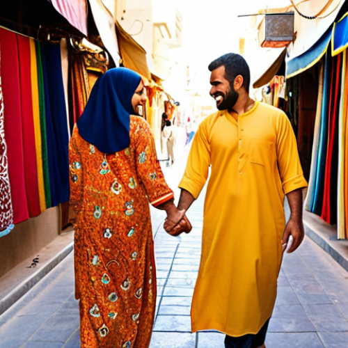 Home 6 **Image Prompt:** A couple holding hands, navigating a vibrant and crowded alleyway in Manama Souq. Focus on the sensory details: colorful textiles, fragrant spices, and the golden light filtering through fabric awnings. Capture a candid moment of them haggling playfully with a vendor.