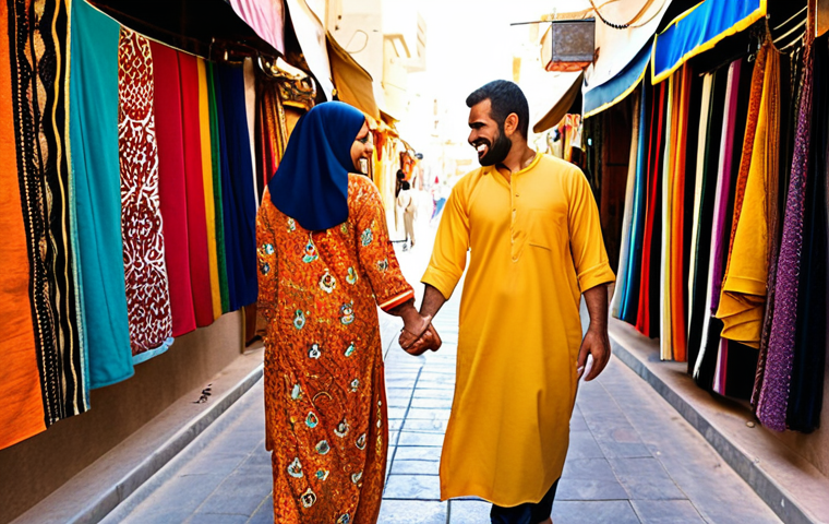 **Image Prompt:** A couple holding hands, navigating a vibrant and crowded alleyway in Manama Souq. Focus on the sensory details: colorful textiles, fragrant spices, and the golden light filtering through fabric awnings. Capture a candid moment of them haggling playfully with a vendor.