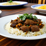 Traditional Bahraini Machboos**

"A steaming plate of Bahraini Machboos, with perfectly cooked rice and tender pieces of spiced lamb, garnished with fresh cilantro and fried onions. The dish is presented on a traditional Bahraini ceramic plate, set against a rustic wooden table in a warmly lit, family-friendly restaurant. In the background, blurred figures of people are enjoying their meals, creating a cozy and inviting atmosphere. The image should evoke a sense of home-cooked comfort and culinary tradition. safe for work, appropriate content, fully clothed, professional photography, high quality, perfect anatomy, correct proportions, natural pose, well-formed hands, proper finger count, natural body proportions, modest setting."

**