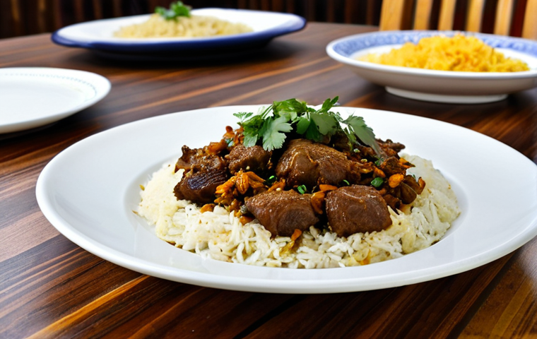 Traditional Bahraini Machboos**

"A steaming plate of Bahraini Machboos, with perfectly cooked rice and tender pieces of spiced lamb, garnished with fresh cilantro and fried onions. The dish is presented on a traditional Bahraini ceramic plate, set against a rustic wooden table in a warmly lit, family-friendly restaurant. In the background, blurred figures of people are enjoying their meals, creating a cozy and inviting atmosphere. The image should evoke a sense of home-cooked comfort and culinary tradition. safe for work, appropriate content, fully clothed, professional photography, high quality, perfect anatomy, correct proportions, natural pose, well-formed hands, proper finger count, natural body proportions, modest setting."

**