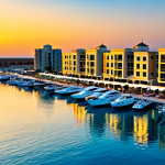 바레인의 마리나 - Amwaj Marina at Sunset**

"A picturesque view of Amwaj Marina at sunset, showing yachts docked in th...