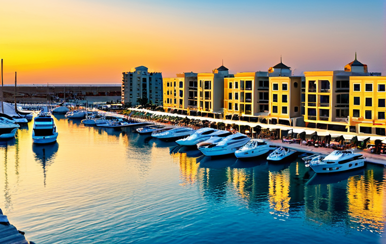 바레인의 마리나 - Amwaj Marina at Sunset**

"A picturesque view of Amwaj Marina at sunset, showing yachts docked in th...