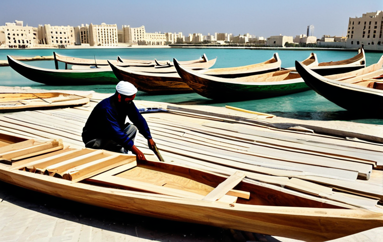 바레인 전통 배  다우 - Traditional Dhow Construction**

"A bustling dhow-building yard in Muharraq, Bahrain, showing artisa...