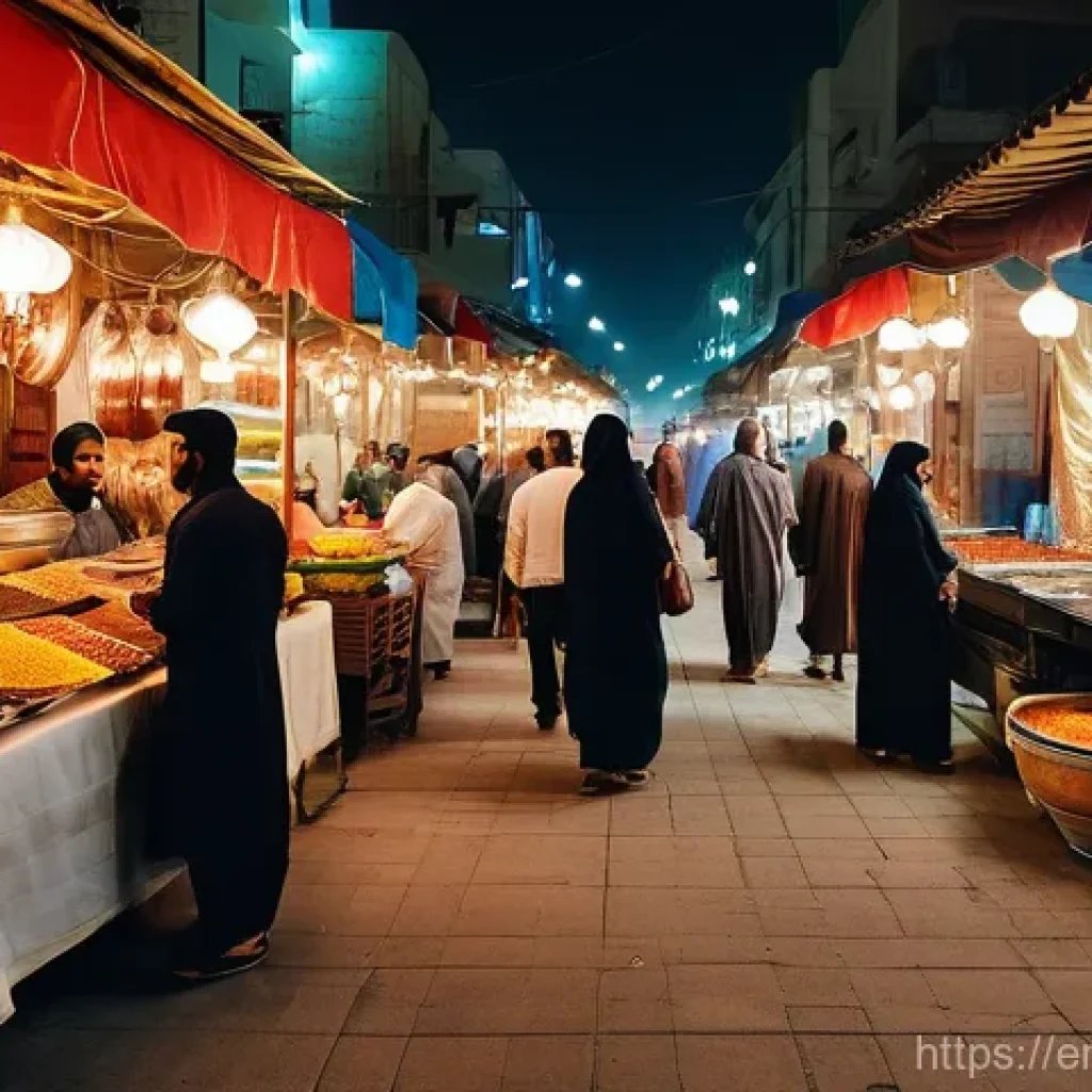 바레인의 야시장 탐방 - **Prompt:** A bustling and vibrant night market scene in the heart of Manama, Bahrain, specifically ...