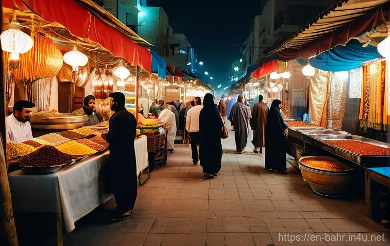 바레인의 야시장 탐방 - **Prompt:** A bustling and vibrant night market scene in the heart of Manama, Bahrain, specifically ...