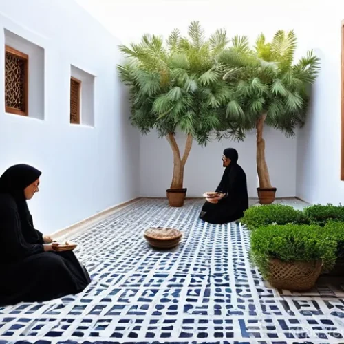 Home 14 바레인의 전통 주택 - **A Vibrant Courtyard Gathering:**
A sun-drenched central courtyard of a traditional Bahraini ho...