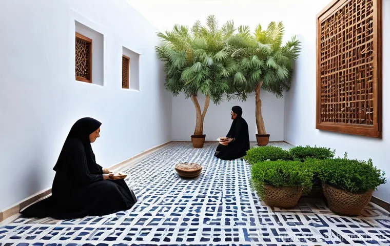 바레인의 전통 주택 - **A Vibrant Courtyard Gathering:**
    A sun-drenched central courtyard of a traditional Bahraini ho...