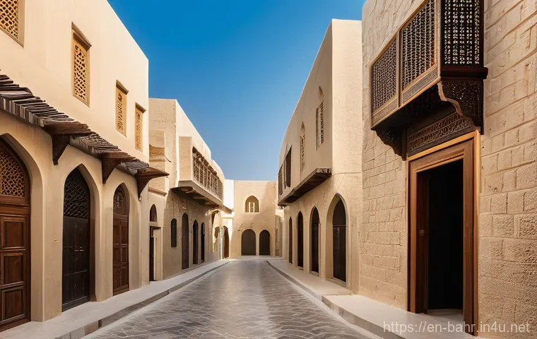 바레인의 전통 주택 - **A Vibrant Courtyard Gathering:**
    A sun-drenched central courtyard of a traditional Bahraini ho...