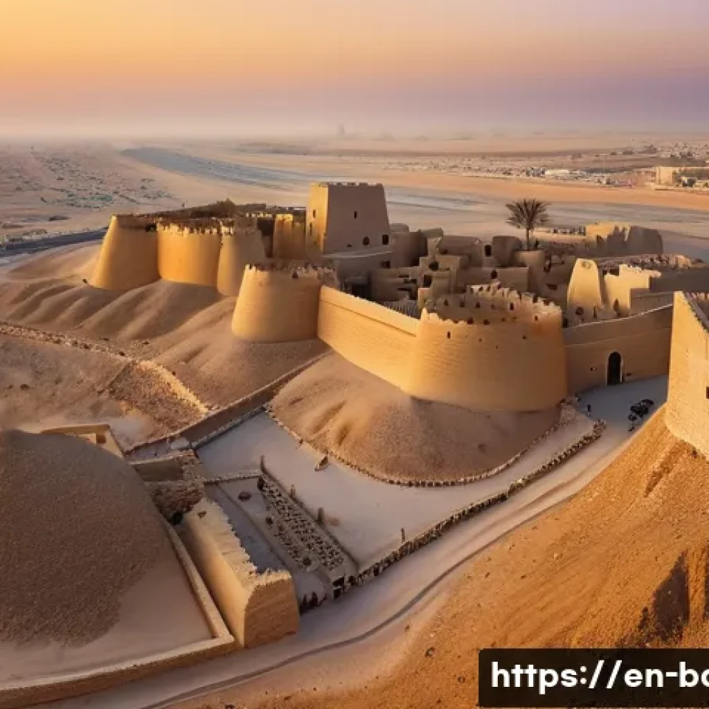 바레인의 역사적 발견 - A detailed, panoramic view of the ancient Qal&rsquo;at al-Bahrain fortress at sunset, showcasing layered s...