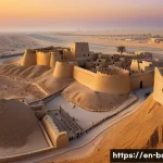 바레인의 역사적 발견 - A detailed, panoramic view of the ancient Qal&rsquo;at al-Bahrain fortress at sunset, showcasing layered s...