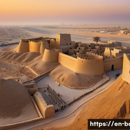 바레인의 역사적 발견 - A detailed, panoramic view of the ancient Qal&rsquo;at al-Bahrain fortress at sunset, showcasing layered s...
