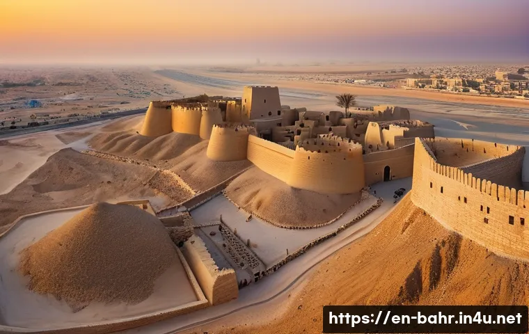 바레인의 역사적 발견 - A detailed, panoramic view of the ancient Qal’at al-Bahrain fortress at sunset, showcasing layered s...