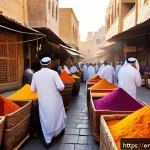 바레인 전통시장 탐방 - A bustling Bahrain traditional market scene in Manama Souk during early morning light, vibrant spice...