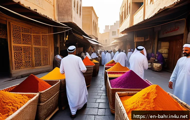 바레인 전통시장 탐방 - A bustling Bahrain traditional market scene in Manama Souk during early morning light, vibrant spice...