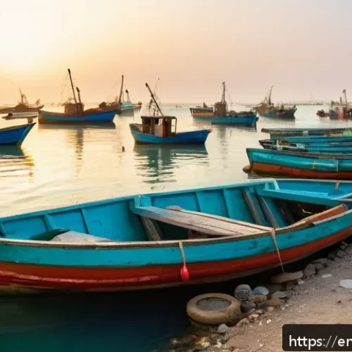 바레인 바다와 어업 - A vibrant coastal fishing village scene at dawn in Bahrain, featuring local fishermen wearing tradit...
