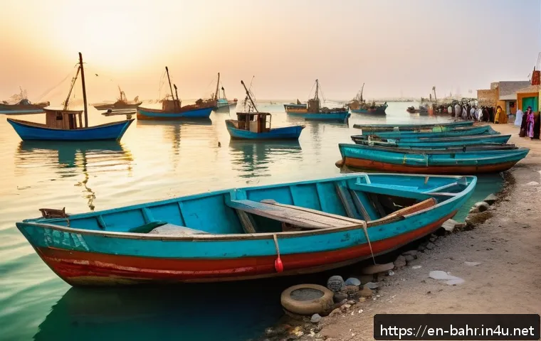 바레인 바다와 어업 - A vibrant coastal fishing village scene at dawn in Bahrain, featuring local fishermen wearing tradit...