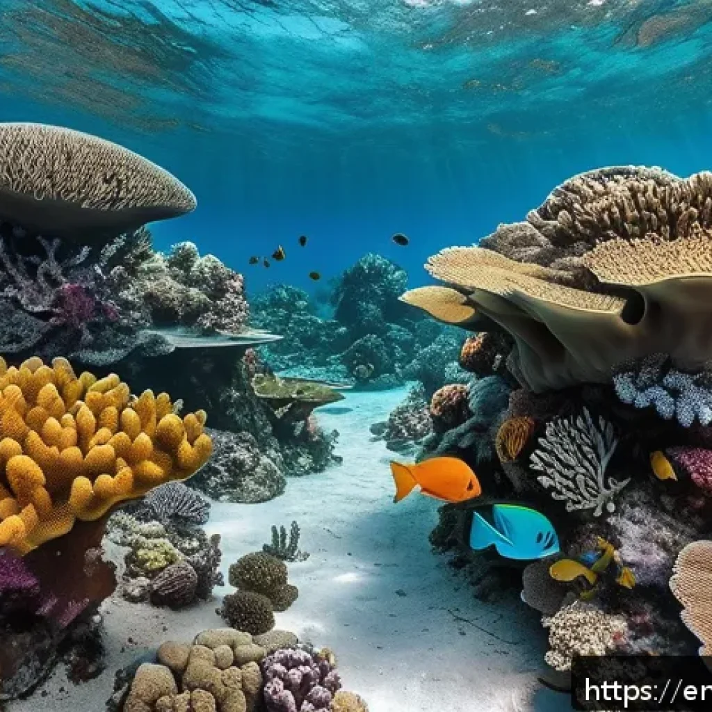 바레인의 해양 생태계 - A vibrant underwater scene showcasing Bahrain’s coral reefs, featuring an array of colorful hard and...