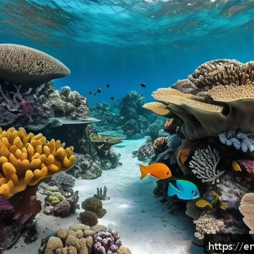 바레인의 해양 생태계 - A vibrant underwater scene showcasing Bahrain&rsquo;s coral reefs, featuring an array of colorful hard and...