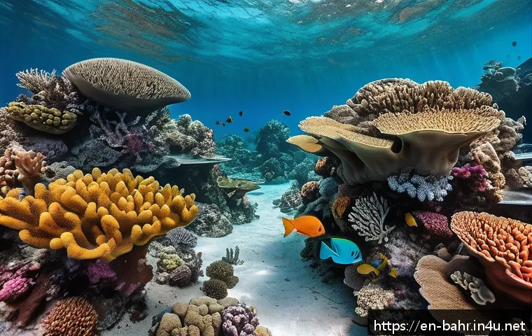 바레인의 해양 생태계 - A vibrant underwater scene showcasing Bahrain&rsquo;s coral reefs, featuring an array of colorful hard and...