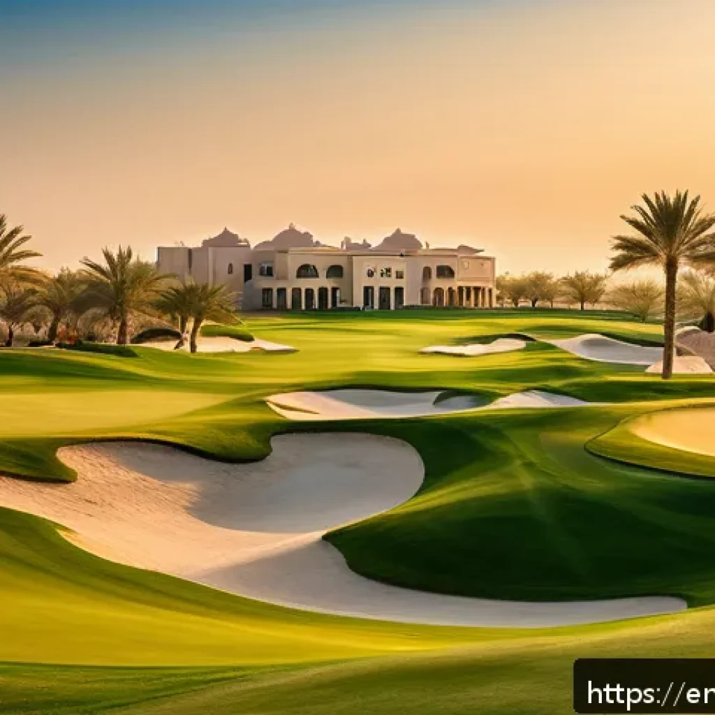 바레인의 골프장 - A stunning golf course set in the heart of Bahrain&rsquo;s desert oasis at golden hour, featuring perfectl...