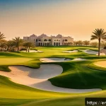 바레인의 골프장 - A stunning golf course set in the heart of Bahrain&rsquo;s desert oasis at golden hour, featuring perfectl...