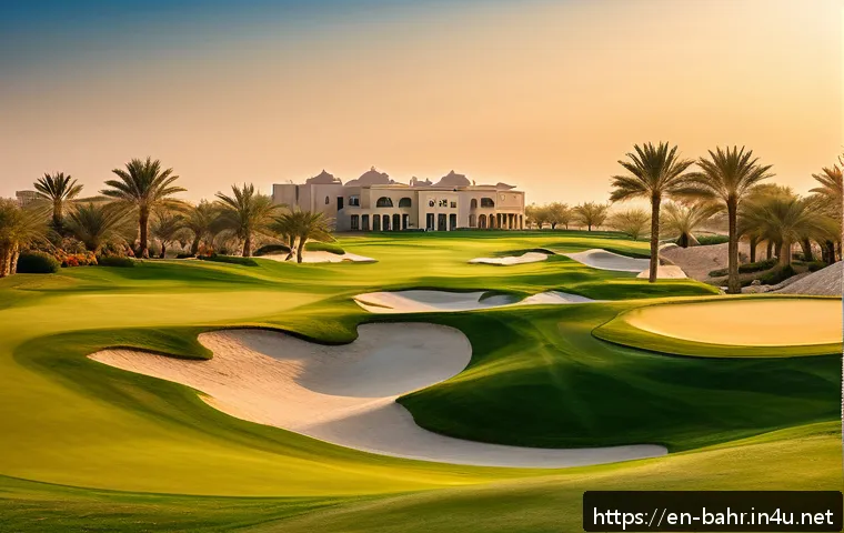 바레인의 골프장 - A stunning golf course set in the heart of Bahrain&rsquo;s desert oasis at golden hour, featuring perfectl...