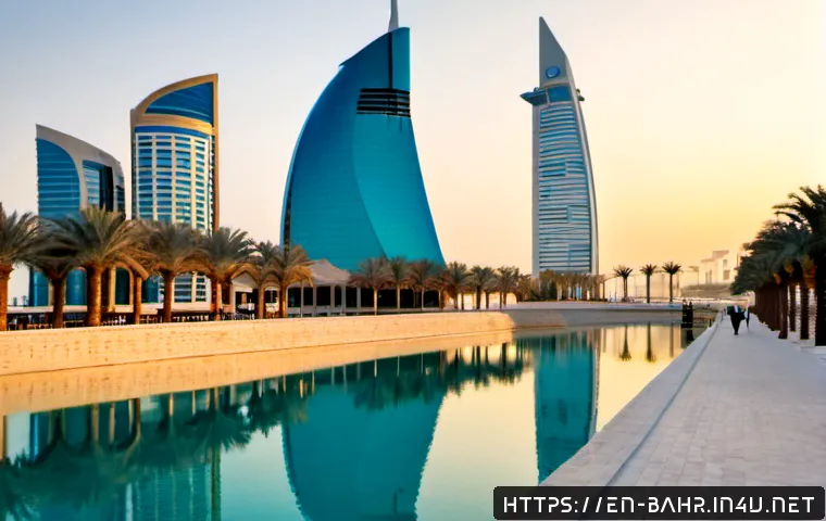 바레인 전통과 현대의 조화 - Photorealistic wide-angle view of Bahrain’s Manama waterfront at golden hour, a traditional wind tow...