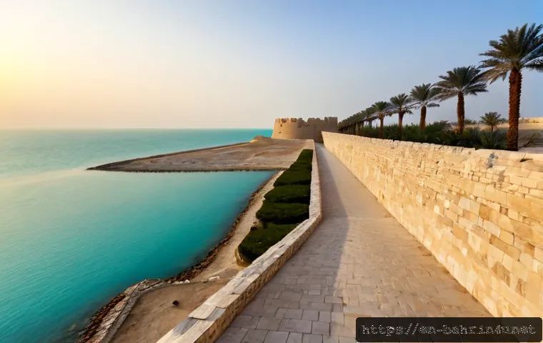 Home 17 바레인의 세계문화유산 - Photorealistic sunrise view of Qal'at al-Bahrain, the ancient Bahrain Fort rising above golden archa...