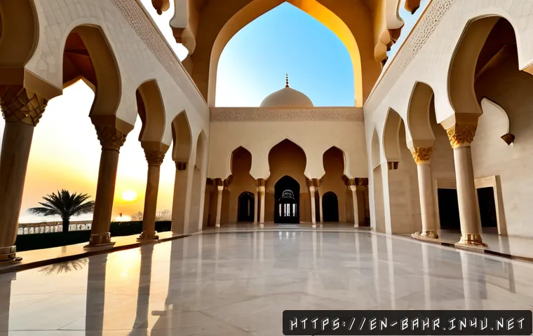 바레인 이슬람 건축물 - Photorealistic wide-angle view of a grand Bahraini Islamic mosque at sunrise, cream limestone arches...
