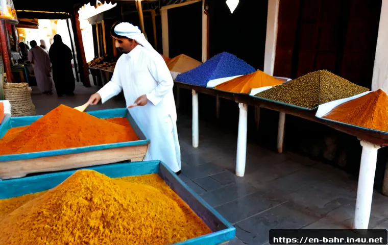 바레인의 향신료 시장 - Photorealistic Bahrain spice market stall, neatly arranged open woven baskets filled with saffron th...
