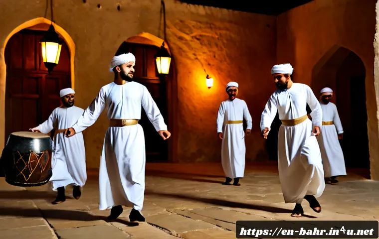 바레인 전통 춤과 음악 - Photorealistic evening performance of Bahraini traditional folk dance in a historic Gulf courtyard, ...